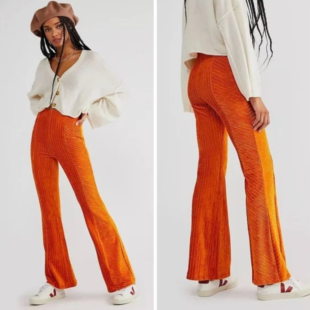NWT Free People Slim Velvet Flare Pants Festival Boho Orange Size S $78
